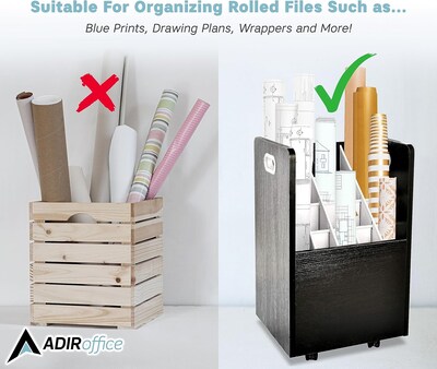 AdirOffice 20-Slot Mobile Roll File, 24.75"H x 15.25"W x 13.25"D, Black (624-BLK)