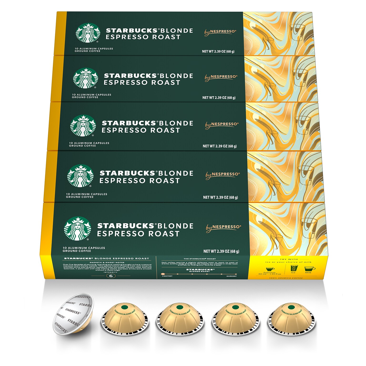 Nespresso Starbucks Blonde Espresso Roast Coffee Nespresso Vertuo Capsules, Light Roast, 50/Pack (163922)
