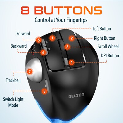 Delton T100 Wireless Ergonomic Trackball USB Mouse, Black (DMST100-WB)