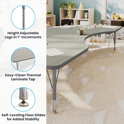 Flash Furniture Wren Kidney Activity Table, 96" x 48", Height Adjustable, Light Gray Top/Silver Frame (XUA4896KDLGTP)