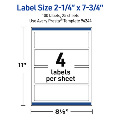 Avery Rectangle Laser Multipurpose Labels, 2.25" x 7.75", White, 100/Pack (19479399317)