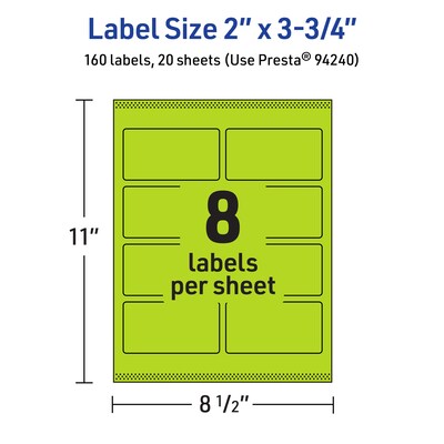 Avery Printable Rectangle Multipurpose Labels, 2" x 3.75", Bright Green, 160/Pack (94240)