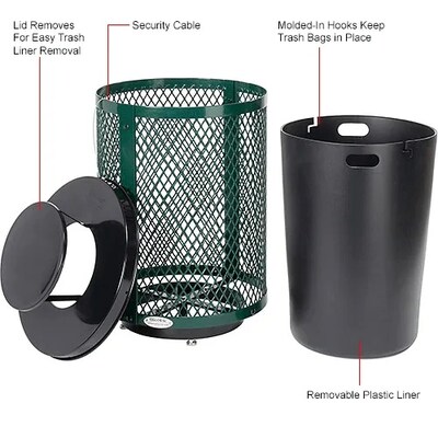 Global Industrial Outdoor Diamond Steel Trash Can w/ Rain Bonnet Lid & Base, 36 Gallon, Green (261926GND)