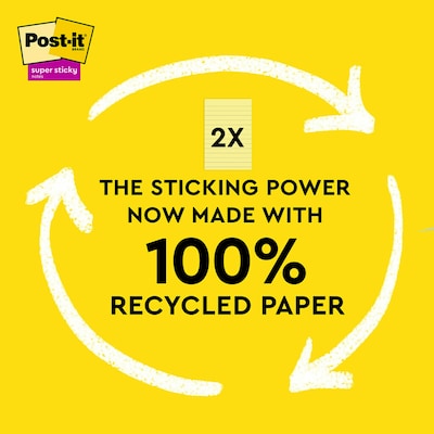 Post-it Recycled Super Sticky Notes, 4" x 6", Canary Collection, 45 Sheet/Pad, 4 Pads/Pack (4621R-4SSCY)