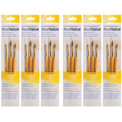 Princeton RealValue Short Handle Mixed Media Natural Camel Round Brush Set, 3/Set, 6 Sets/Bundle (PBXPR9100-6)