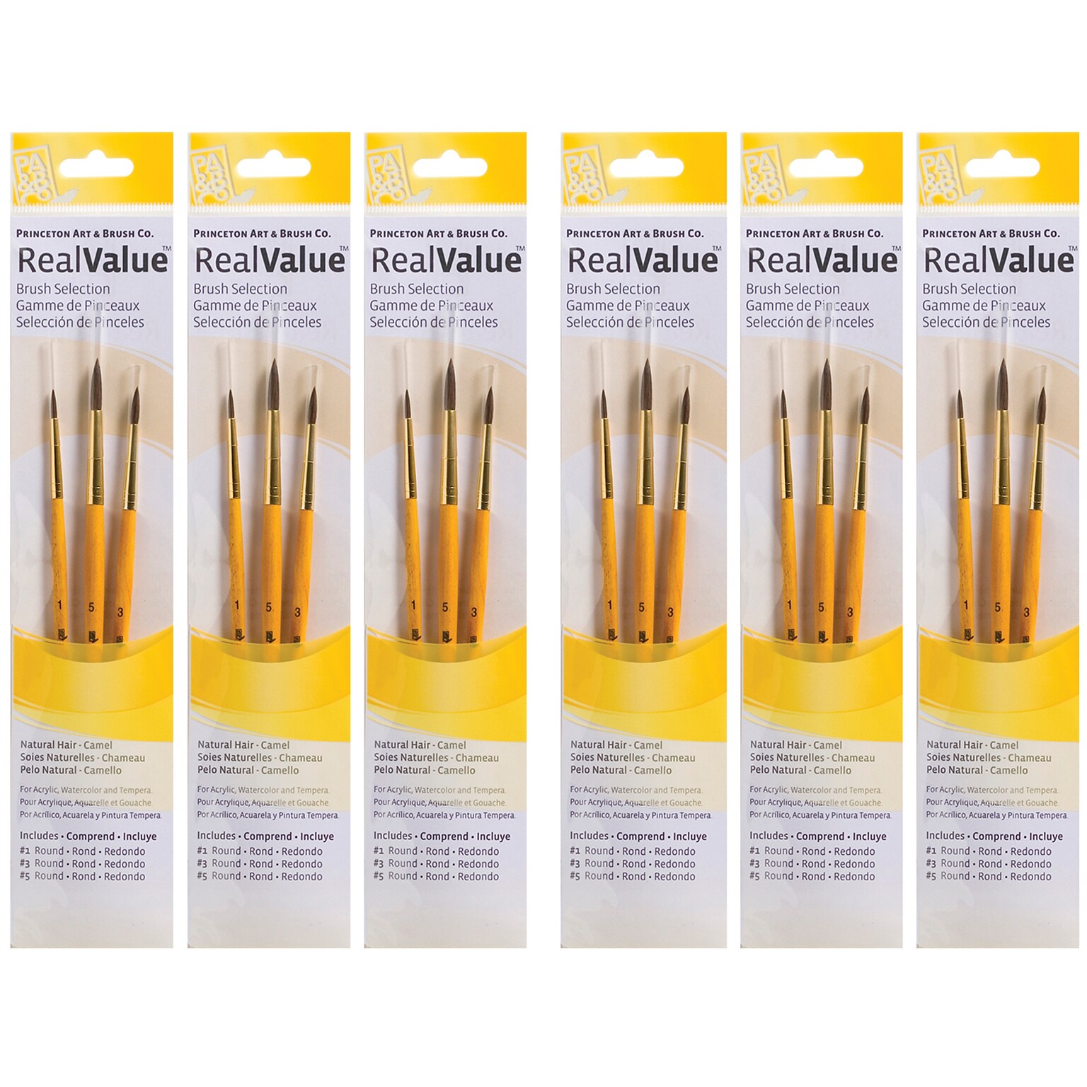 Princeton RealValue Short Handle Mixed Media Natural Camel Round Brush Set, 3/Set, 6 Sets/Bundle (PBXPR9100-6)