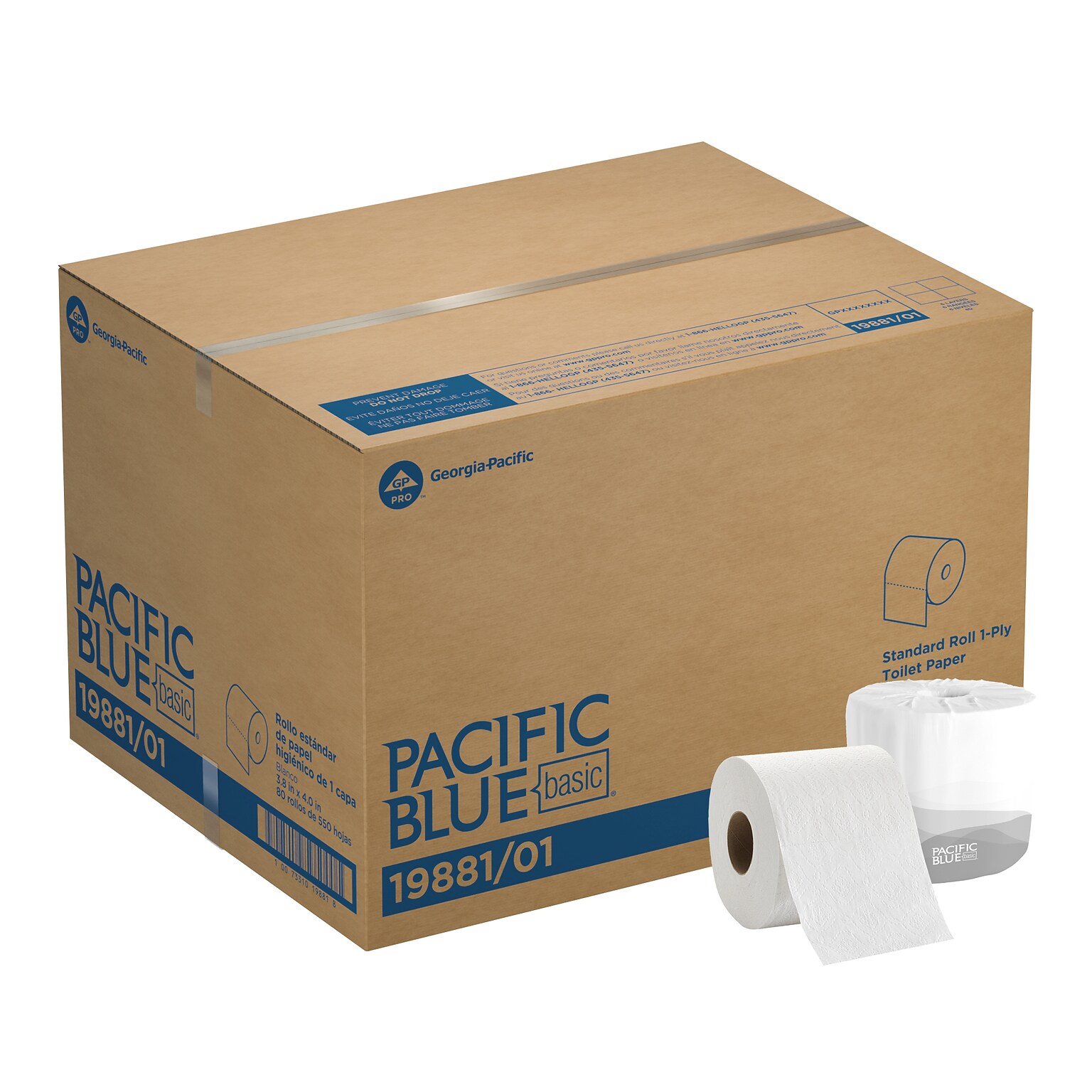 Pacific Blue Basic Toilet Paper, 1-Ply, White, 550 Sheets/Roll, 80 Rolls/Carton (19881/01)