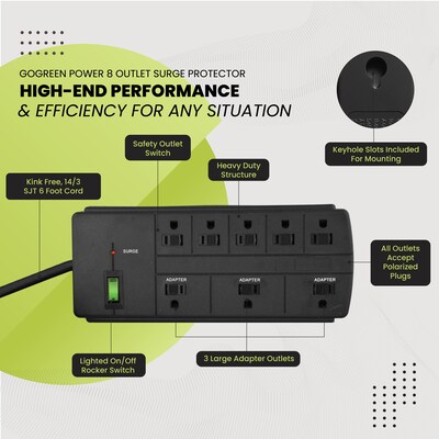GoGreen Power 8 Outlet Surge Protector, 6' cord, Black (GG-18316BK)