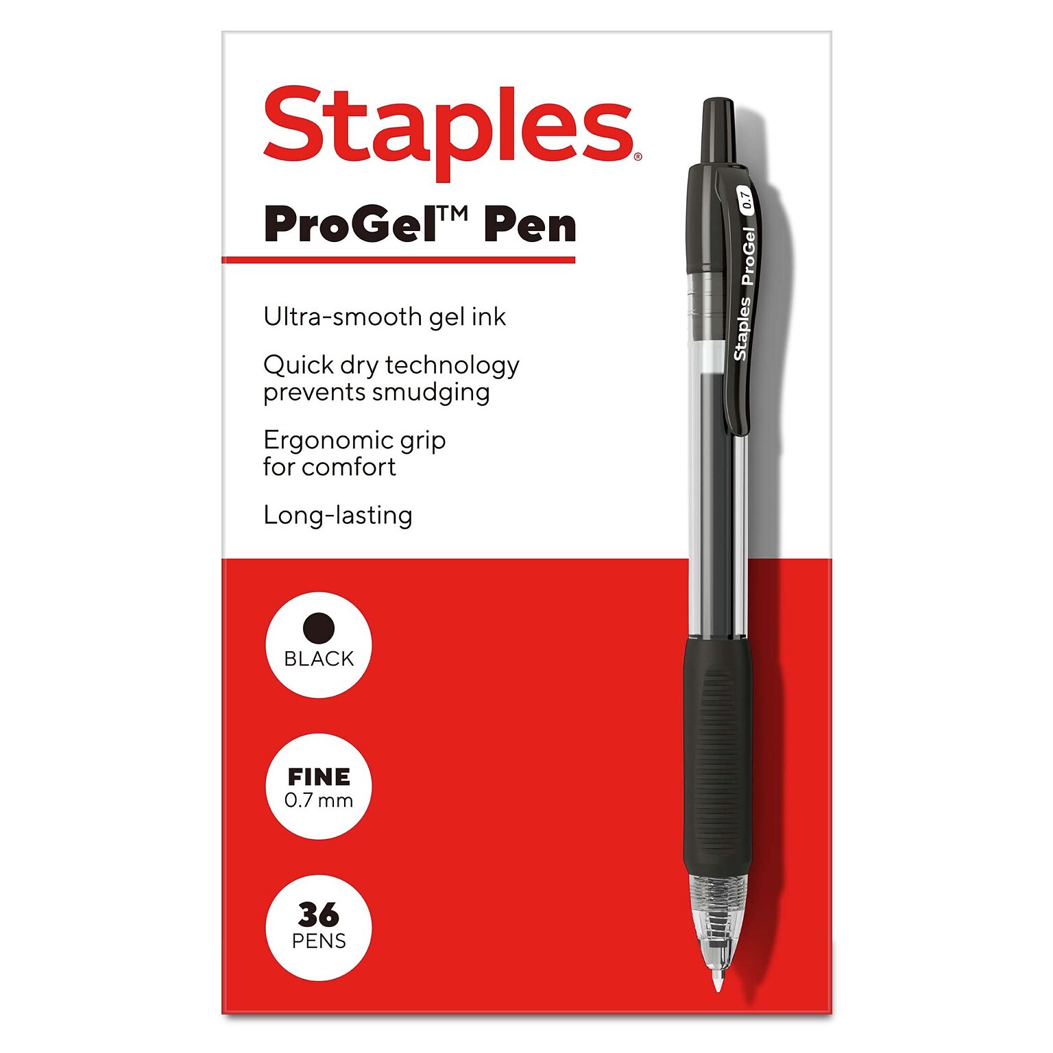 Staples ProGel™ Retractable Gel Pen, Fine Point, 0.7mm, Black Ink, 36/Pack (ST62097)