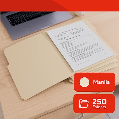 Staples Reinforced File Folders, Letter Size, 1/3-Cut Tabs, Assorted Positions, Manila, Heavy-Duty Construction, 250/Box