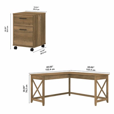 Bush Furniture Key West 60"W L Shaped Desk with 2 Drawer Mobile File Cabinet, Reclaimed Pine (KWS013RCP)