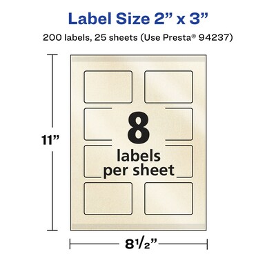 Avery Laser/Inkjet Rectangle Pearlized Labels, 2" x 3", Ivory, 200 Labels/Pack (94237)