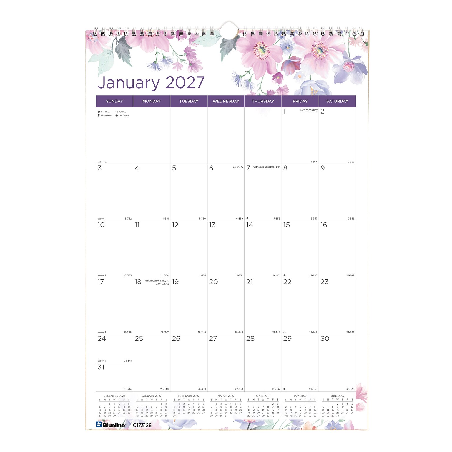 2027 Blueline Colorful Passion Floral 12 x 17 Monthly Wall Calendar (C173126-27)
