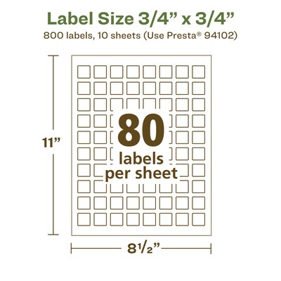Avery EcoFriendly Laser/Inkjet Square Multipurpose Labels, 3/4" x 3/4", White, 800/Pack (94102)