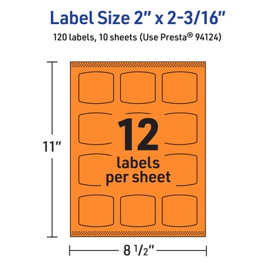 Avery Laser/Inkjet Multipurpose Square Labels, 2" x 2-3/16", Bright Orange, 120/Pack (94124)