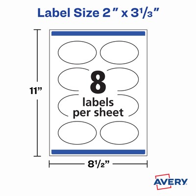 Avery Print-to-the-Edge Laser/Inkjet Oval Labels, 2" x 3-1/3", White, 8 Labels/Sheet, 25 Sheets/Pack, 200 Labels/Pack (22570)