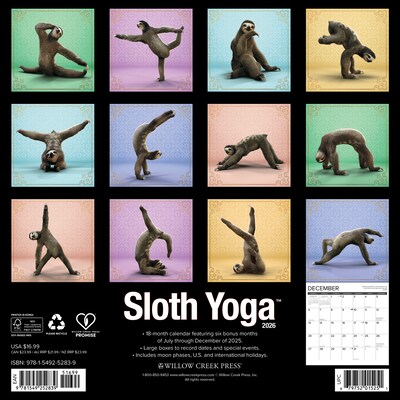 2026 Willow Creek Sloth Yoga 12 x 12 Monthly Wall Calendar (52839)
