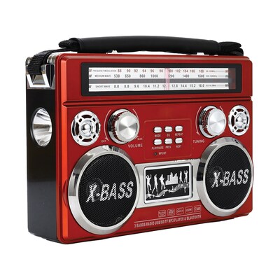 Supersonic Wireless Bluetooth Portable 3-Band Radio with Flashlight, Red (SC-1097BT-Red)