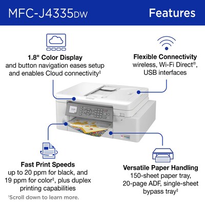 Brother INKvestment Tank MFC-J4335DW Wireless Color Inkjet Printer, All-In-One Supertank, Print, Scan, Copy, Fax
