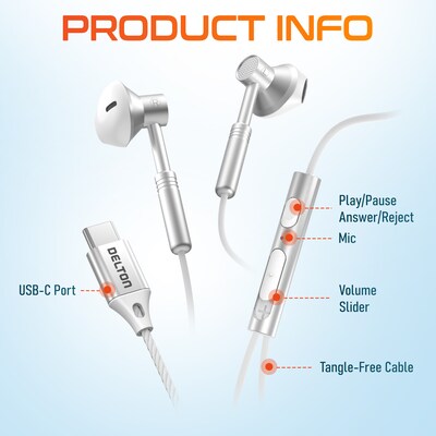 Delton 18EC USB-C Earbuds with Microphone, White (DWH18ECWH)