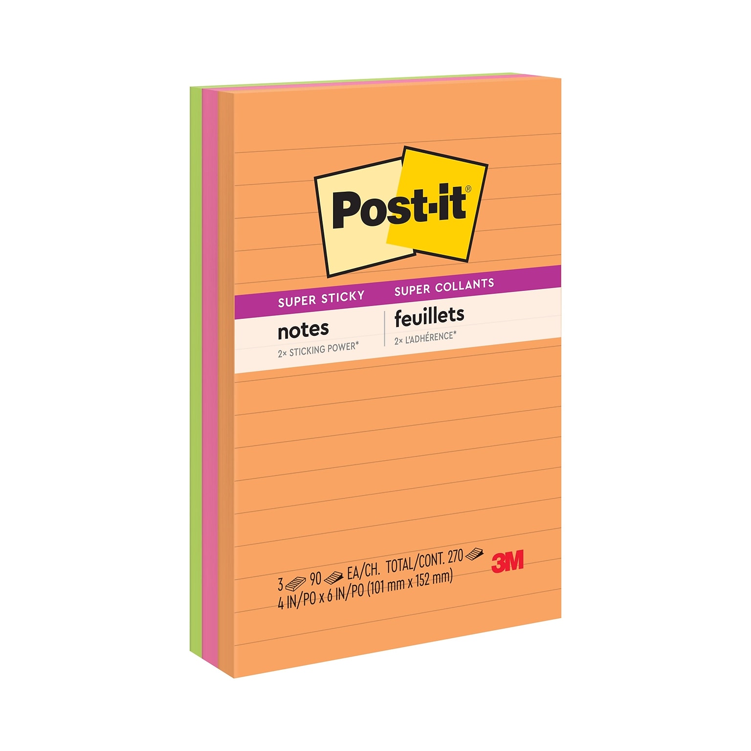 Post-it Super Sticky Notes, 4 x 6, Energy Boost Collection, Lined, 90 Sheet/Pad, 3 Pads/Pack (6603SSUC)