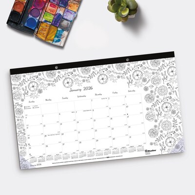 2026 Blueline DoodlePlan 10.875" x 17.75" Monthly Desk Pad Coloring Calendar, Black/White (C2917001)