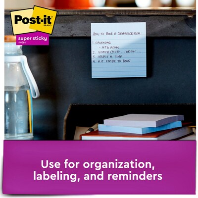 Post-it Recycled Super Sticky Notes, 4" x 4", Wanderlust Pastels Collection, Lined, 90 Sheets/Pad, 6 Pads/Pack (675-6SSNRP)
