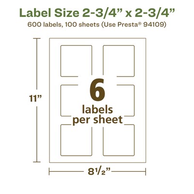 Avery EcoFriendly Laser/Inkjet Square Multipurpose Labels, 2-3/4" x 2-3/4", White, 600/Box (94109)