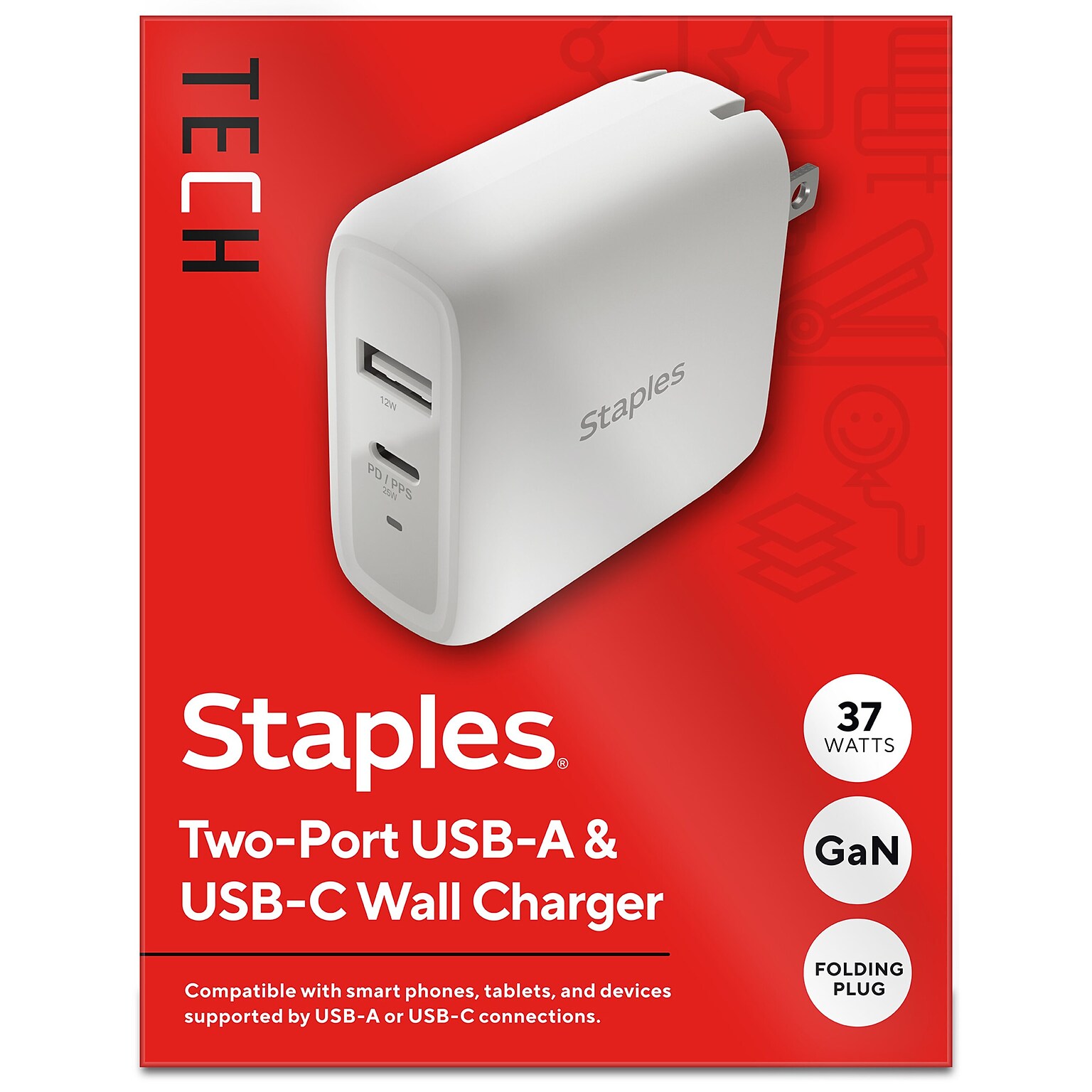 Staples TECH GaN USB-A/USB-C Wall Charger, White (ST62324-CC)