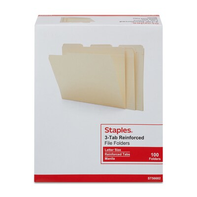 Staples 30% Recycled Reinforced File Folders, 1/3-Cut Tab, Letter Size, Manila, 100/Box (ST56682-CC)