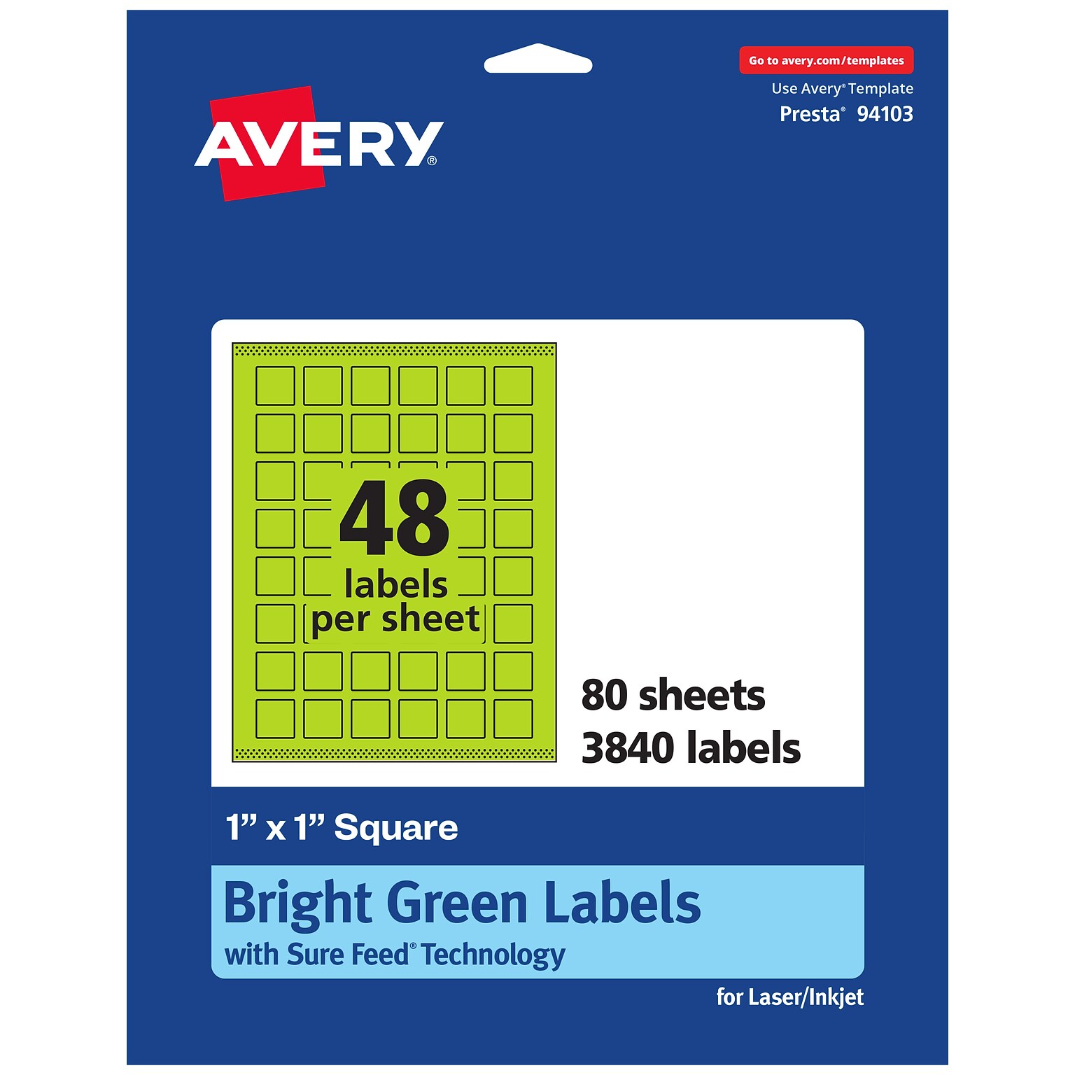 Avery Laser/Inkjet Multipurpose Square Labels, 1 x 1, Bright Green, 3840/Box (94103)
