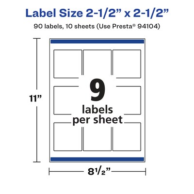 Avery Laser/Inkjet Square Labels, 2.5" x 2.5", Glossy White, 90 Labels/Pack (94104)