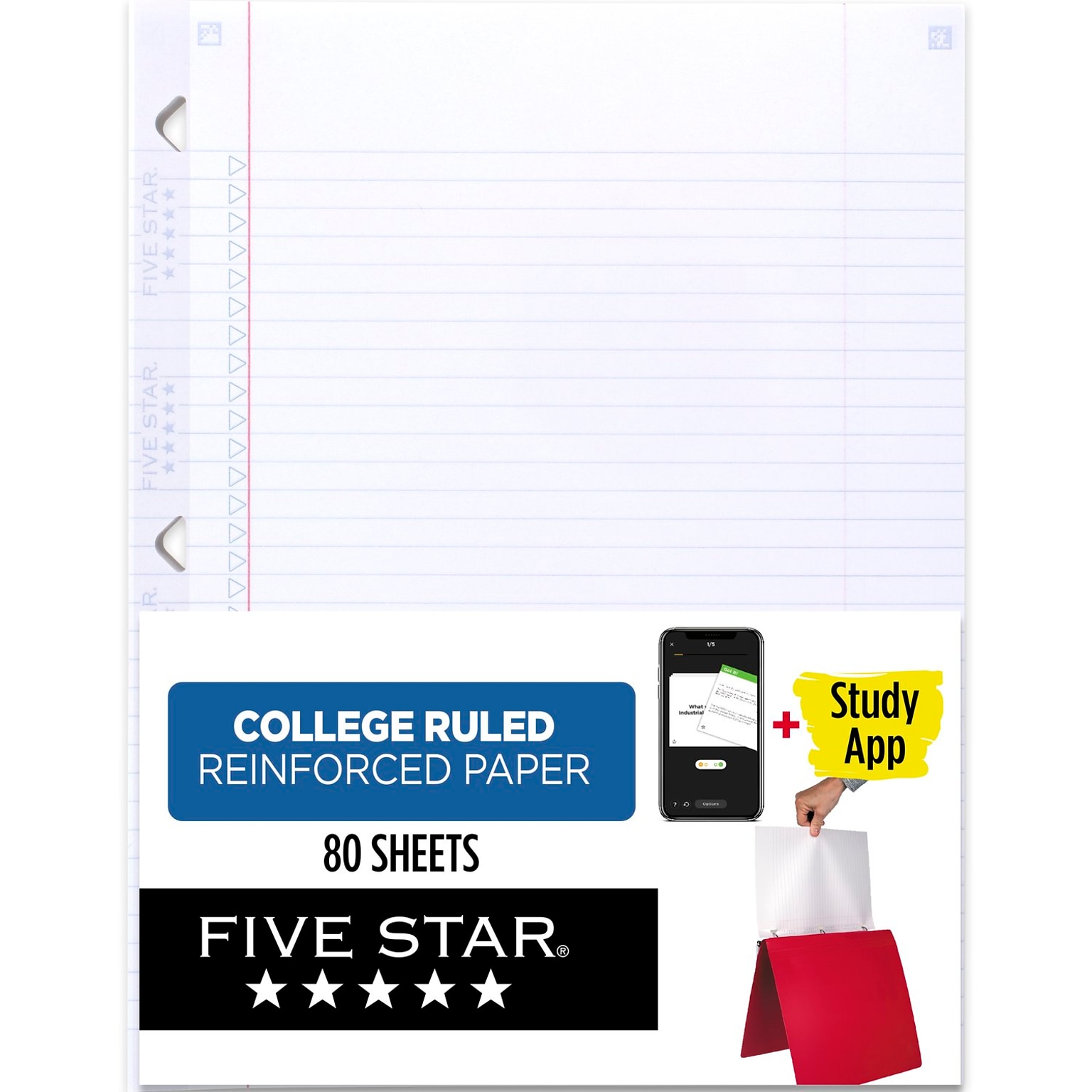 Five Star Reinforced College Ruled Filler Paper, 8.5 x 11, 3-Hole Punched, 80 Sheets/Pack (170102/170035)