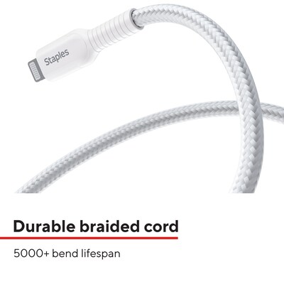 Staples TECH Lightning to USB-A Charging Cable, 6.6 ft., White, 2/Pack (ST62319)