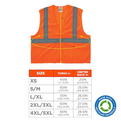 GloWear 8205HL-ECO High Visibility Sleeveless Vest, ANSI Type R Class 2, Orange, S/M, (21993)