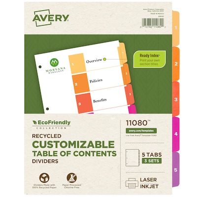 Avery Ready Index Table of Contents EcoFriendly Paper Dividers, 1-5 Tabs, Multicolor, 3 Sets/Pack (11080)