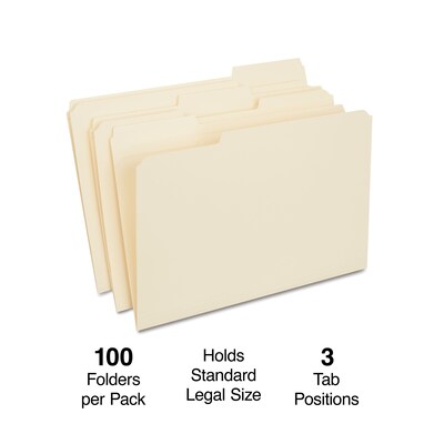 Quill Brand® Heavy-Duty 2-Ply File Folders, 1/3-Cut, Legal, Manila, 100/Box (715434)