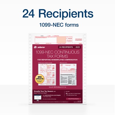 Adams 2025 1099-NEC Tax Forms Set, 4-Part, 3-Up, A, 1, B & 2, 24/Pack (STAX524NEC-25)