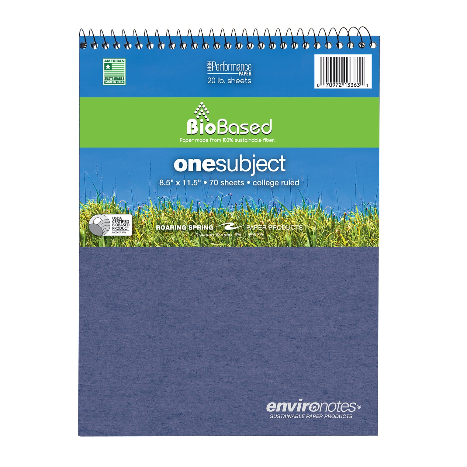 Roaring Spring Paper Products BioBased 1-Subject Professional Notebooks, 11.5 x 8.5, College Ruled, 70 Sheets, Each (13363)