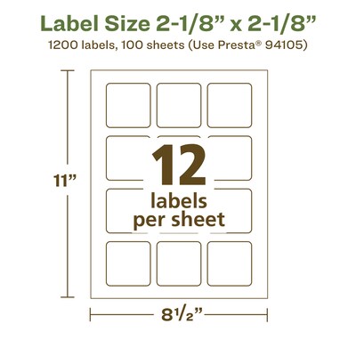 Avery EcoFriendly Laser/Inkjet Square Multipurpose Labels, 2-1/8" x 2-1/8", White, 1200/Box (94105)