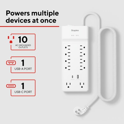 Staples TECH 10-Outlet 2-USB Port Surge Protector, 6, 3000 Joules, White (ST62776)
