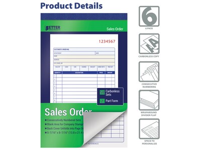 Better Office 2-Part Carbonless Sales Order Book, 5.44" x 8.44", 50 Sets/Book, 6 Books/Pack (66106-6PK)