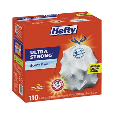 Hefty® Ultra Strong Tall Kitchen and Trash Bags, 13 gal, 0.9 mil, 23.75" x 24.88", White, 110 Bags/Box, 3 Boxes/Carton