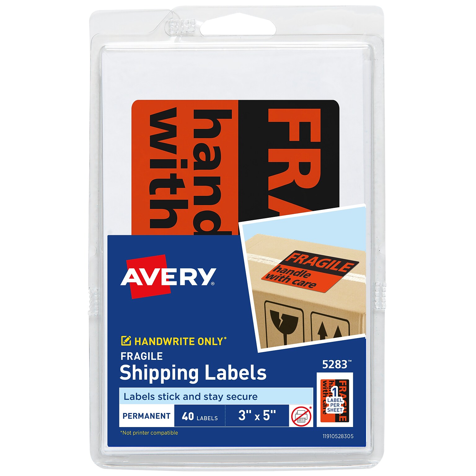 Avery Fragile Handle with Care Shipping Labels, Black/Neon Red, 3 x 5, 40/Pack (5283)