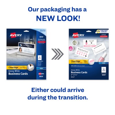 Avery Clean Edge Business Cards, 2 x 3 1/2, Glossy White, 200/Pack (8859)