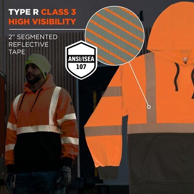 GloWear 8317BK High Visibility Long Sleeve Black Bottom Hooded Sweatshirt, ANSI Type R, Class 3, Orange, 5XL (22989)