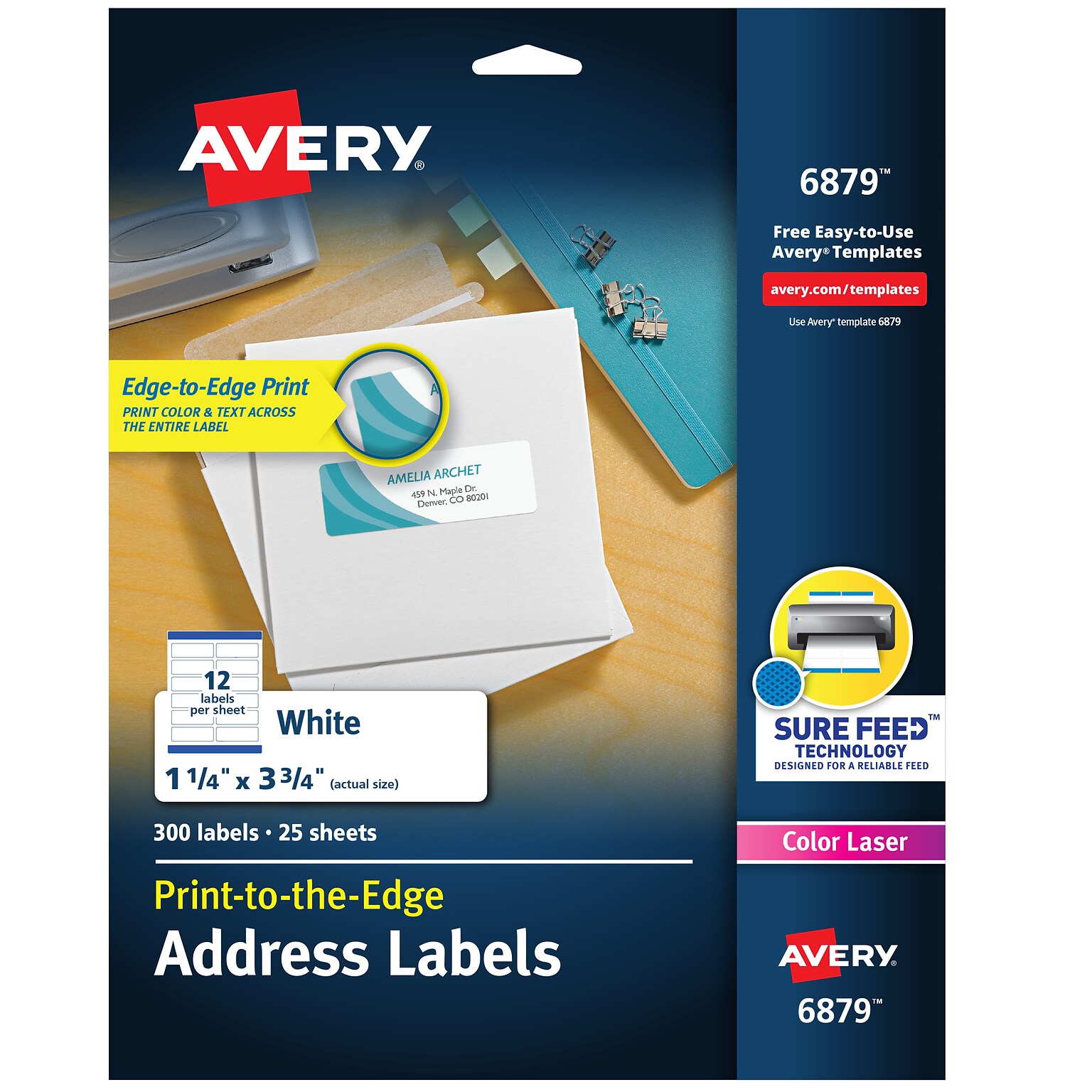 Avery Print-to-the-Edge Laser/Copier Shipping Labels, 1-1/4 x 3-3/4, White, 300 Labels/Pack (6879)