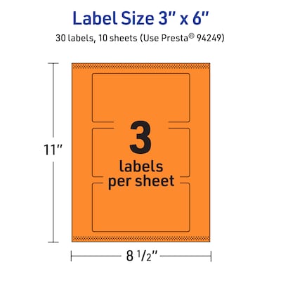 Avery Laser/Inkjet Multipurpose Rectangle Labels, 3" x 6", Bright Orange, 30/Pack (94249)