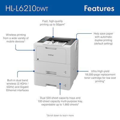 Brother HL-L6210DWT Business Monochrome Laser Printer, Dual Paper Trays, Wireless Networking