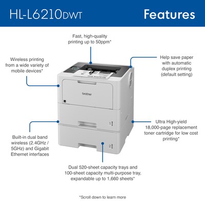 Brother HL-L6210DWT Business Monochrome Laser Printer, Dual Paper Trays, Wireless Networking